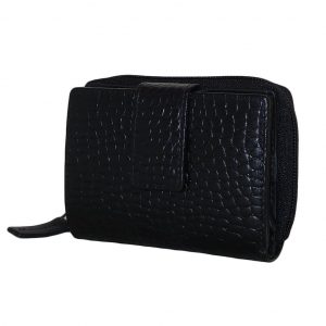 Leather Design Portemonnee met Kaarthouder Vak en Ritsvak Croco Zwart