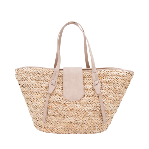My Own Filo grote rieten tas met vegan leer zand