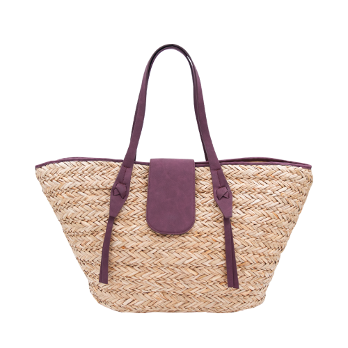 My Own Filo grote rieten tas met vegan leer plum