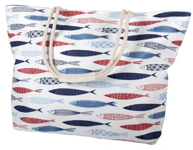 strandtas vissen dames 52 x 34 cm polyester wit/blauw